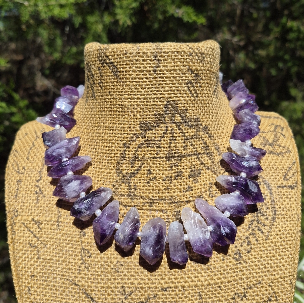 Rough Amethyst Point Pearl Artisan Statement Necklace 925 Sterling Clasp
